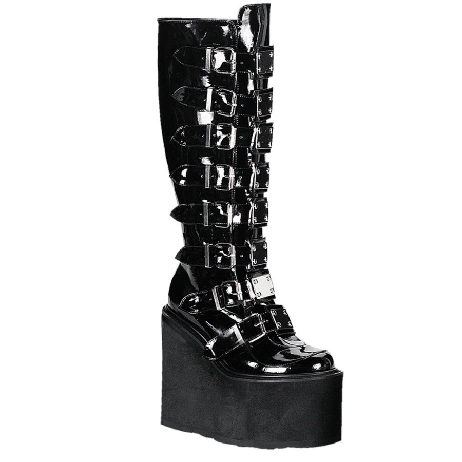 Demonia Hungary Black Patent Stack-301