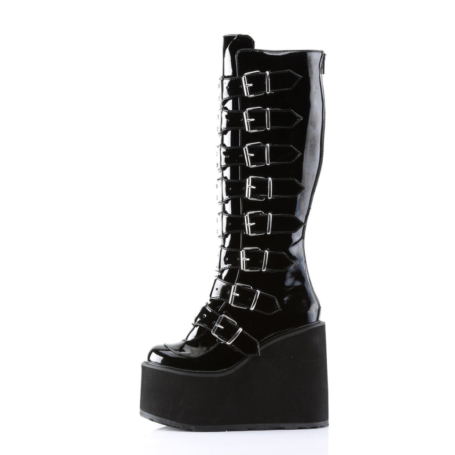 Demonia Hungary Black Patent Stack-301