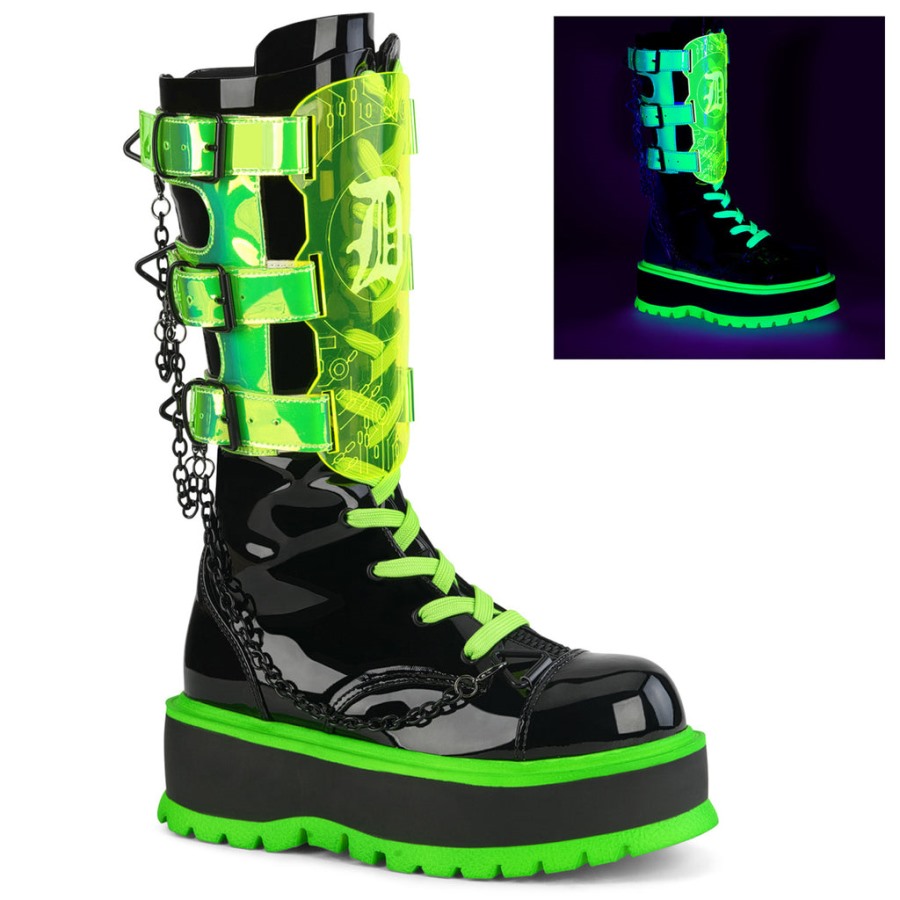 Slacker-156 Demonia Hungary Black Patent-u V Neon Green