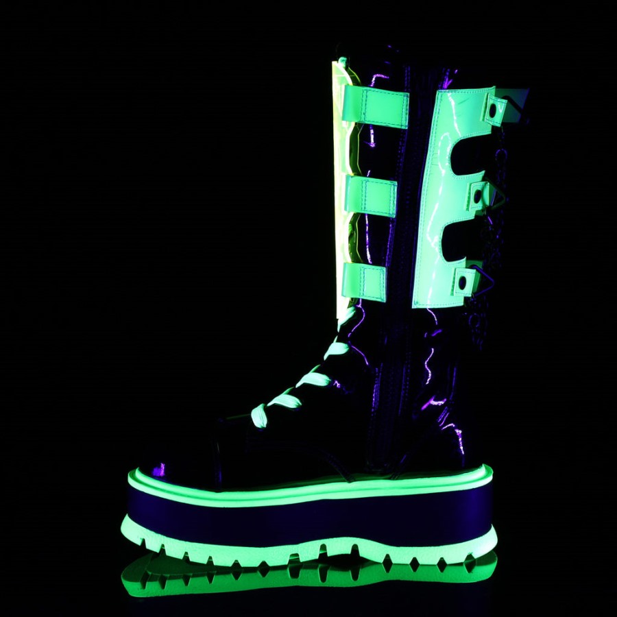 Slacker-156 Demonia Hungary Black Patent-u V Neon Green